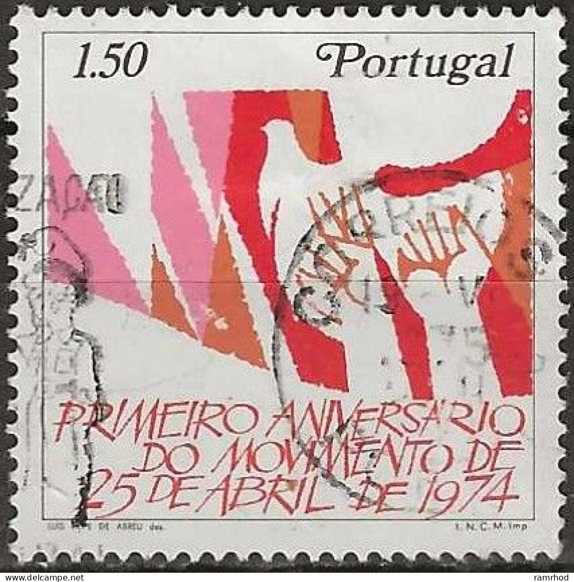 PORTUGAL 1975 1st Anniv Of Portuguese Revolution - 1e50 Hands And Dove Of Peace FU - Usado