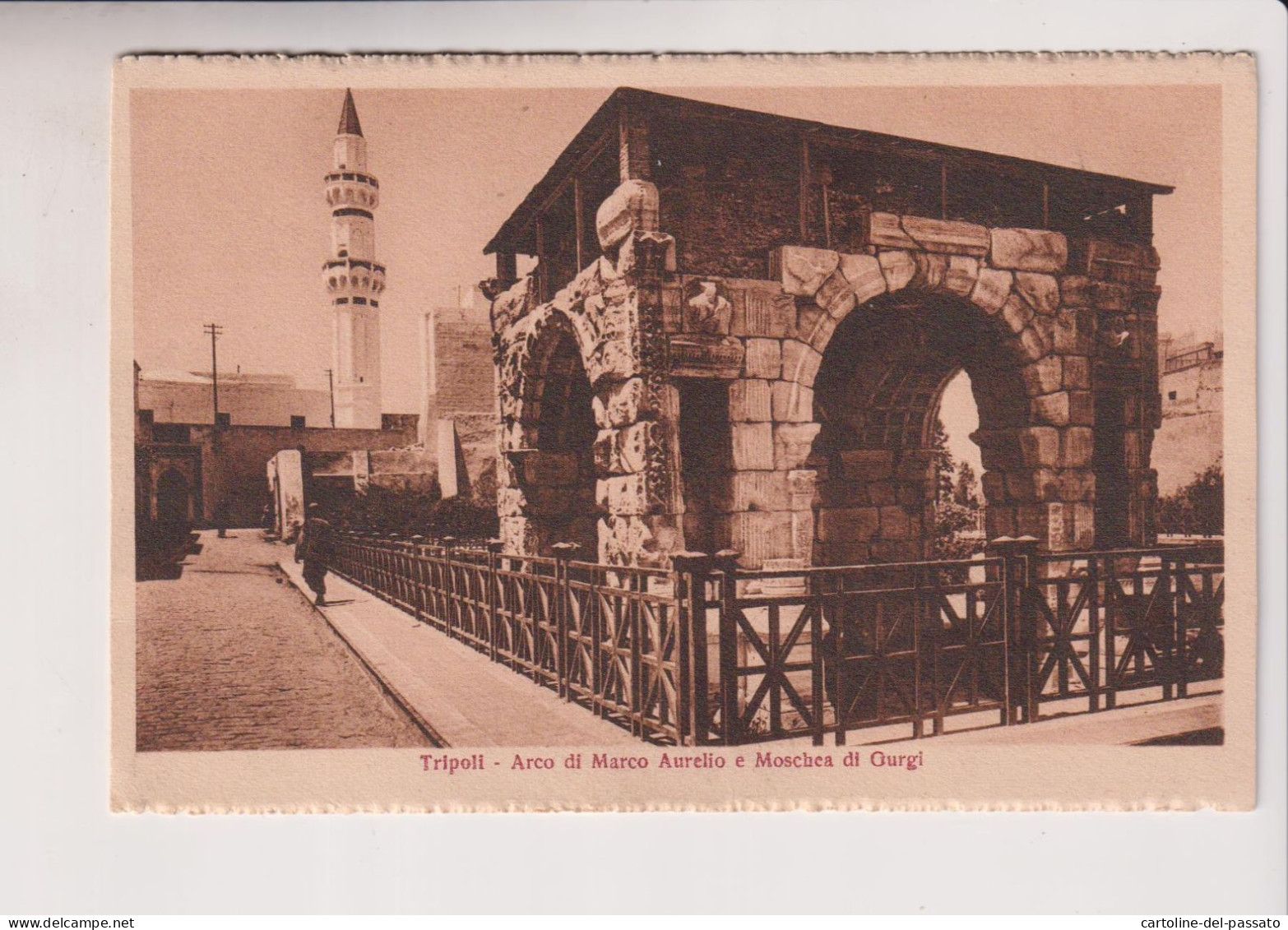 LIBIA  LIBYA  TRIPOLI  ARCO DI MARCO AURELIO E MOSCHEA DI GURGI  VG  1927 - Libia