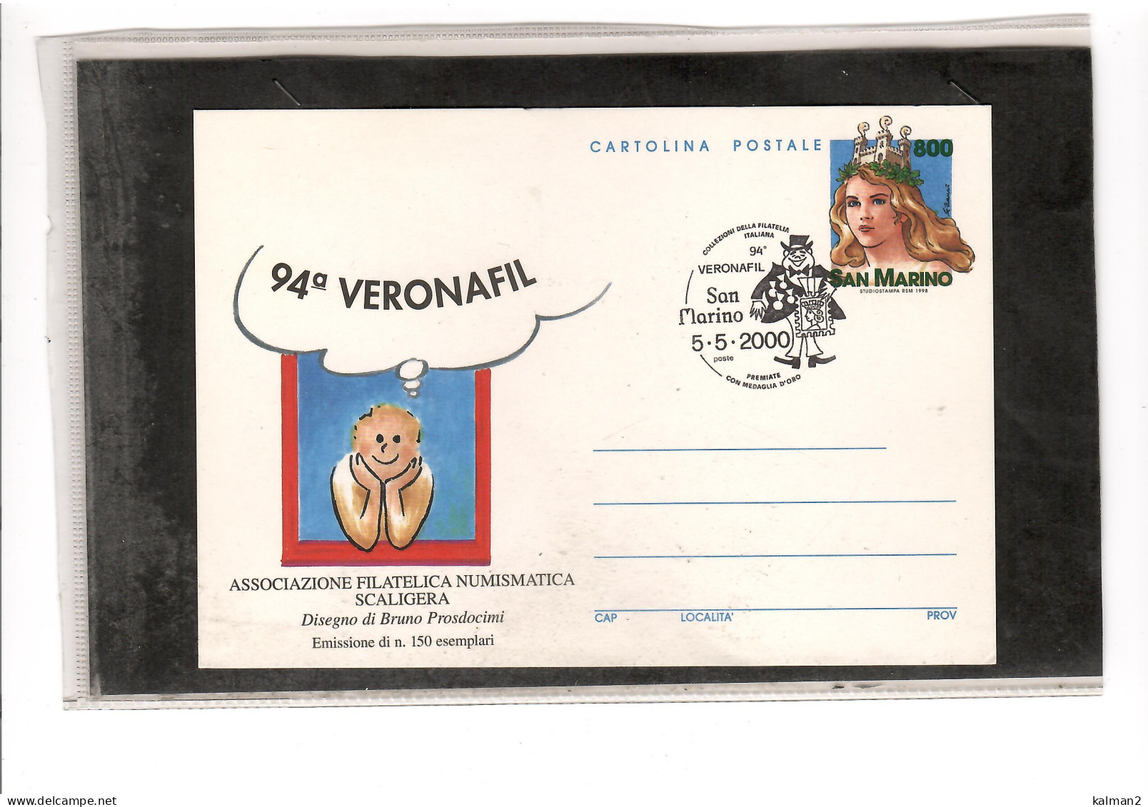 TEM19569  -  CART.POSTALI   "  5.5.2000 - 94°  VERONAFIL " - CAT.FILAGRANO C.68/5  - Postal Stationery