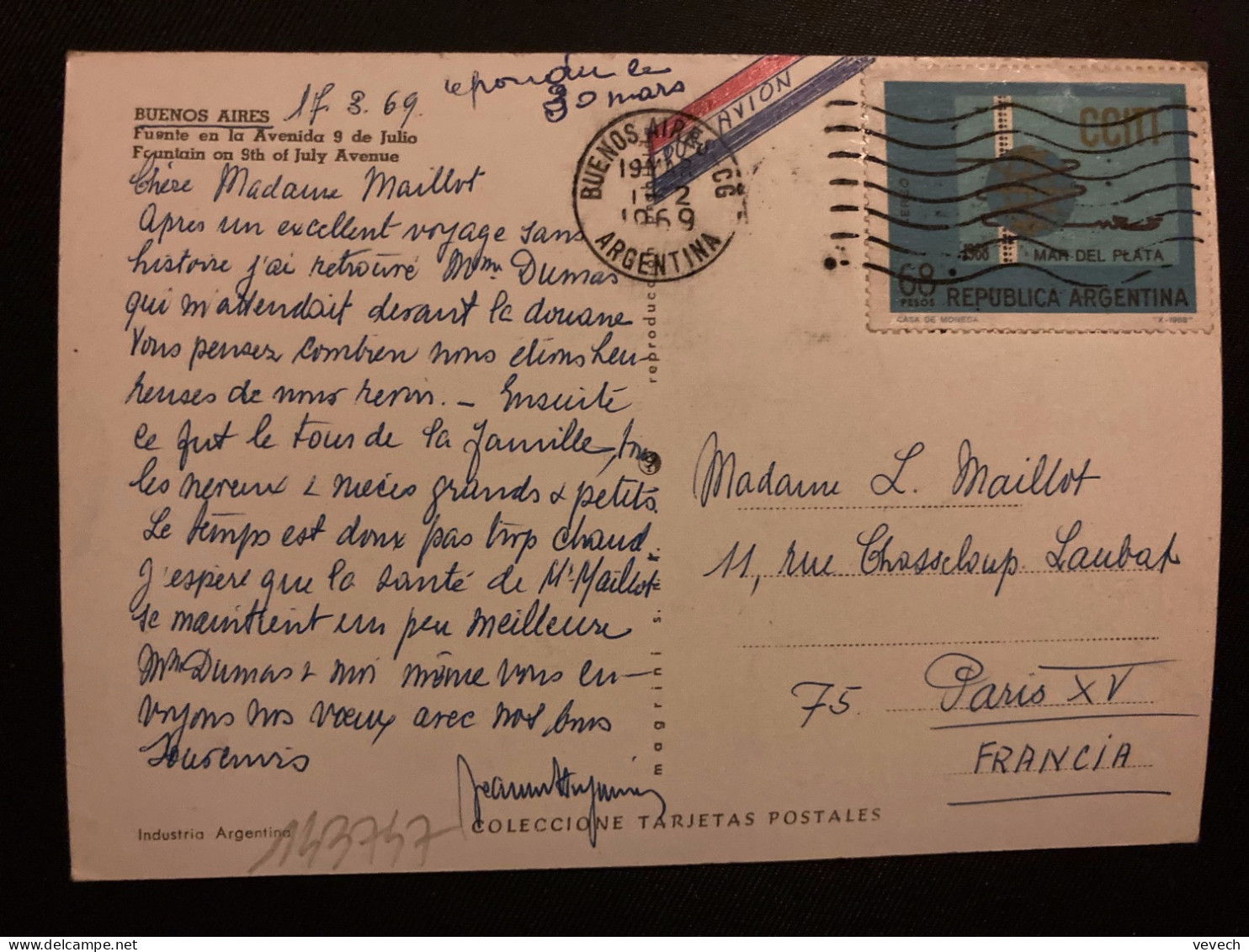CP Par Avion Pour La FRANCE TP MAR DEL PLATA 68P OBL.19 MAR 1969 BUENOS AIRES - Lettres & Documents