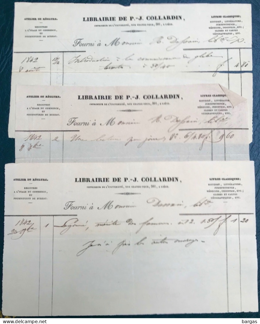 3 Documents 1842 Librairie Collardin Imprimeur De L'université Liège - 1800 – 1899