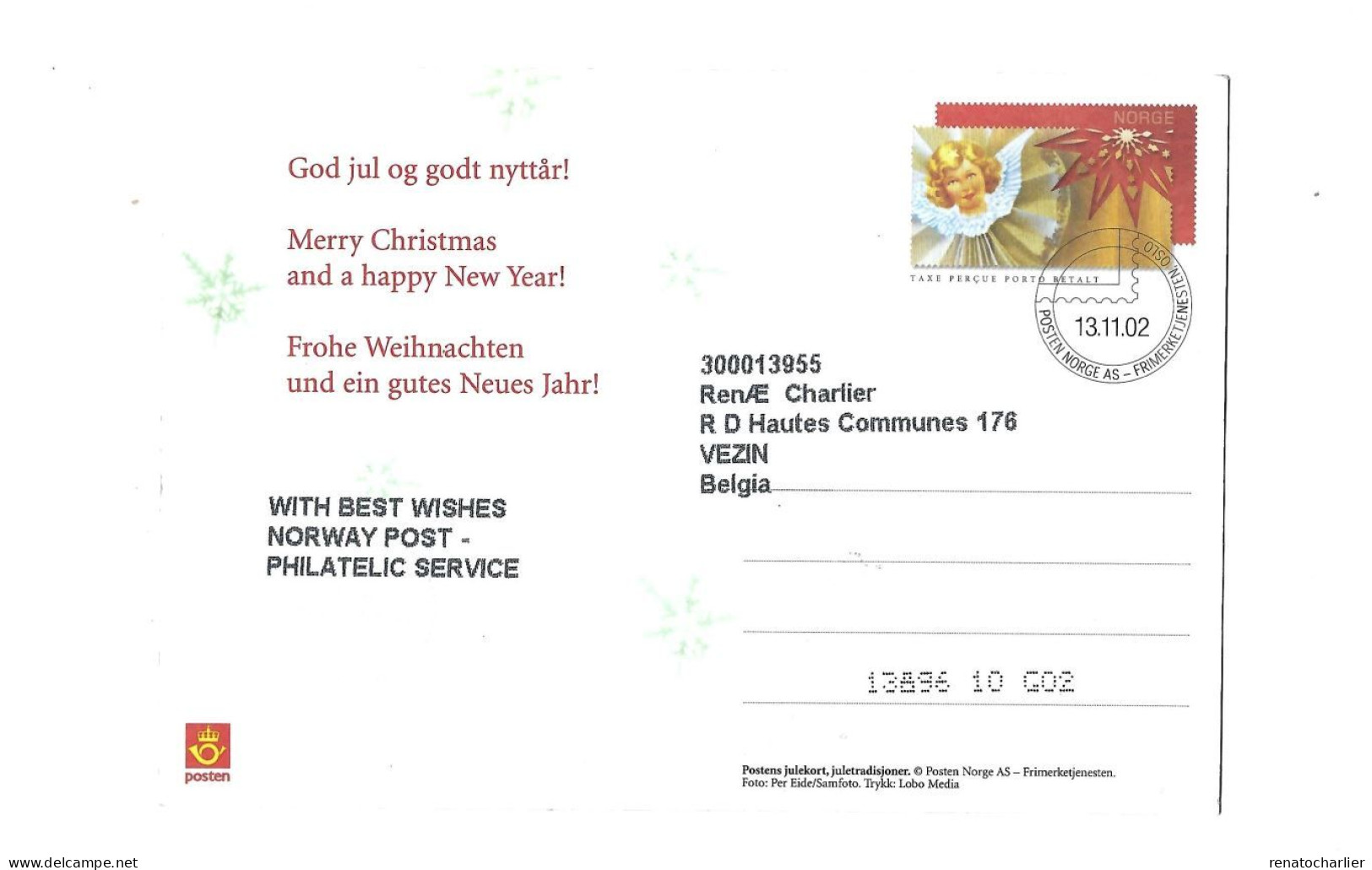 Entier Postal "Noël" Expédié à Vezin (Belgique). Format: 12 X 18 Centimètres. - Enteros Postales