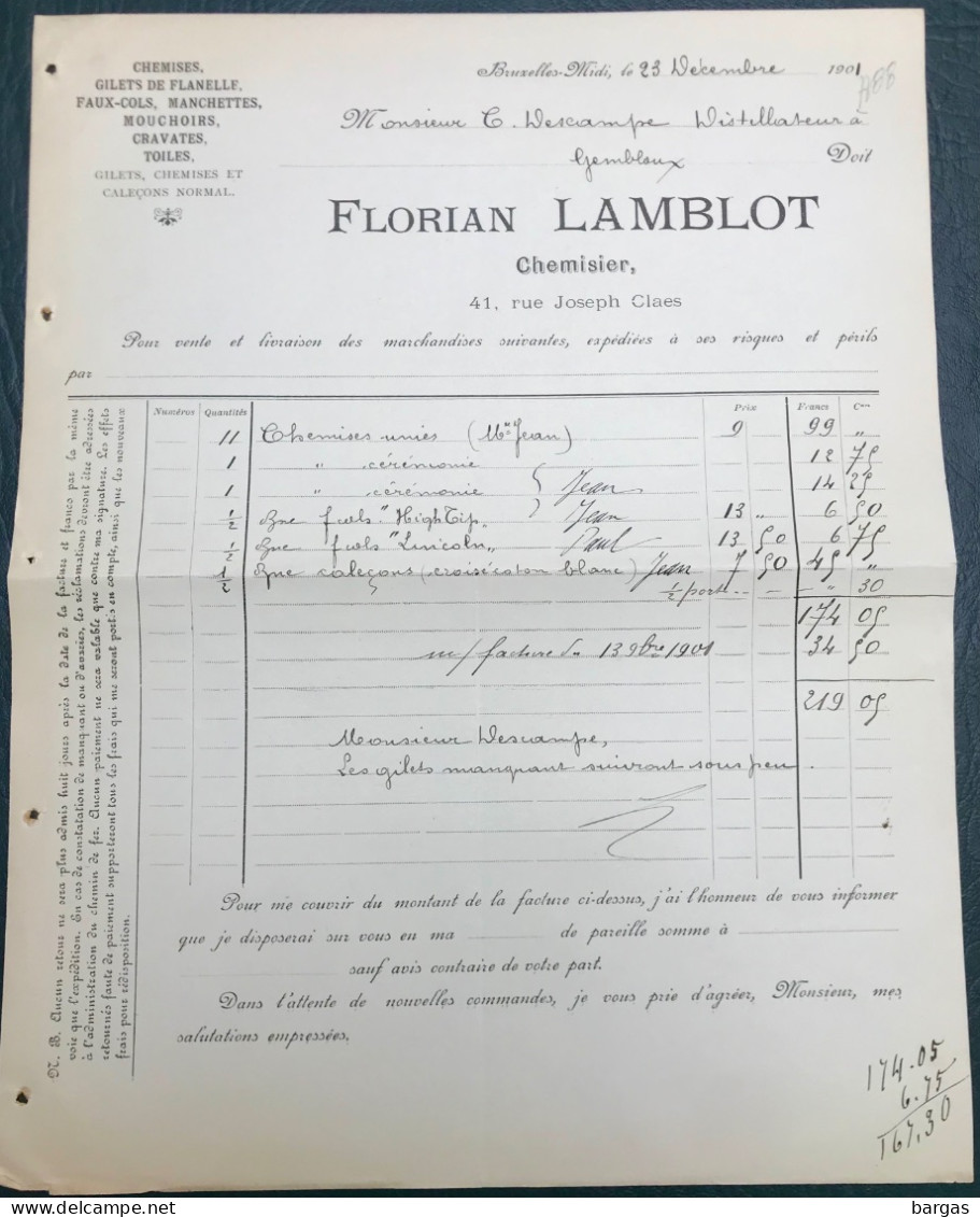 1901 Document Facture Florian Lambot Chemisier Mode à Bruxelles - 1800 – 1899