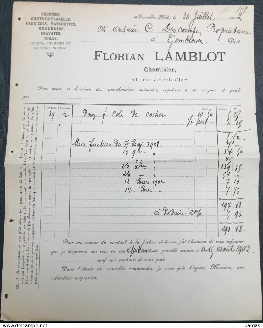 1901 Document Facture Florian Lamblot Chemisier Mode à Bruxelles - 1800 – 1899