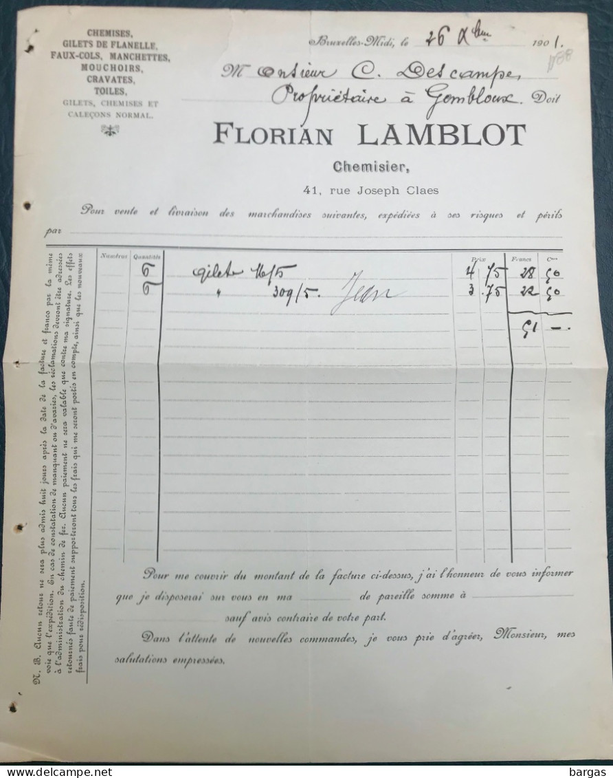 1901 Document Facture Florian Lamblot Chemisier Mode à Bruxelles - 1800 – 1899