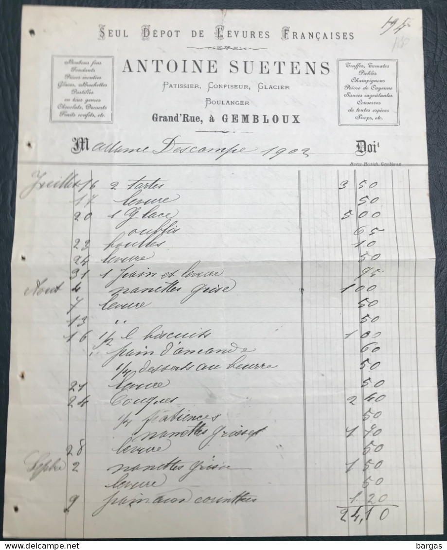 1903 Document Facture Antoine Suetens Patissier Confiseur Boulanger Glacier à Gembloux - 1800 – 1899