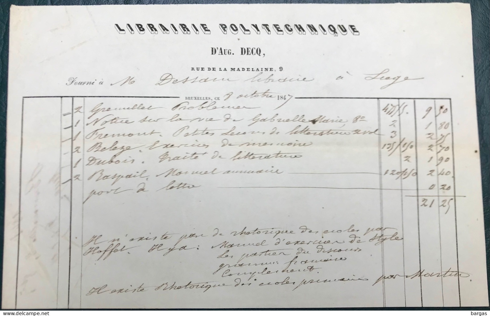 1847 Document Facture Auguste Decq Librairie Polytechnique à Bruxelles - 1800 – 1899