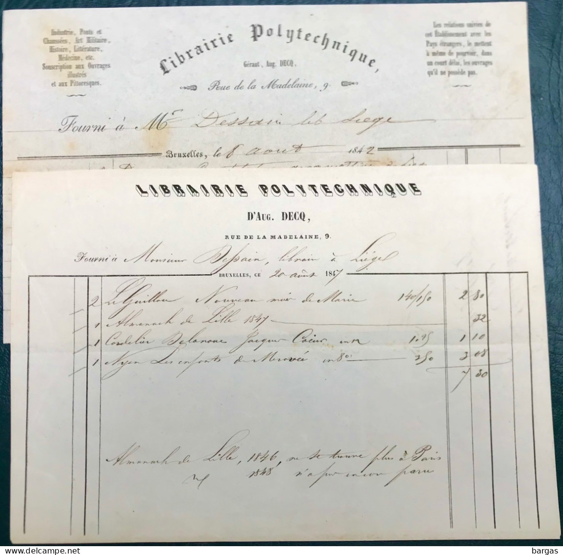 1847 2 X Document Facture Auguste Decq Librairie Polytechnique à Bruxelles - 1800 – 1899