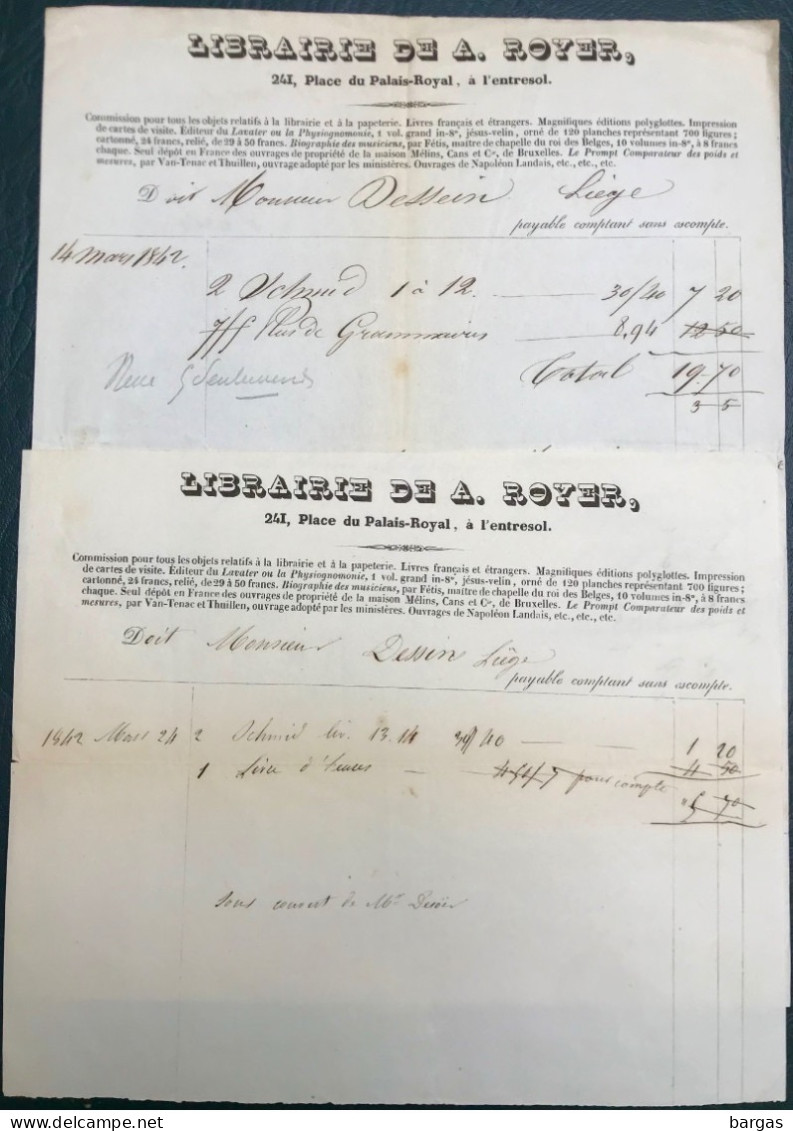 1842 Deux Document Facture Librairie De A Royer Place Du Palais Royal à Bruxelles - 1800 – 1899