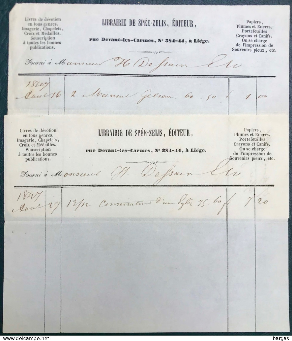 1847 Deux Document Librairie Spée Zelis éditeur à Liège - 1800 – 1899