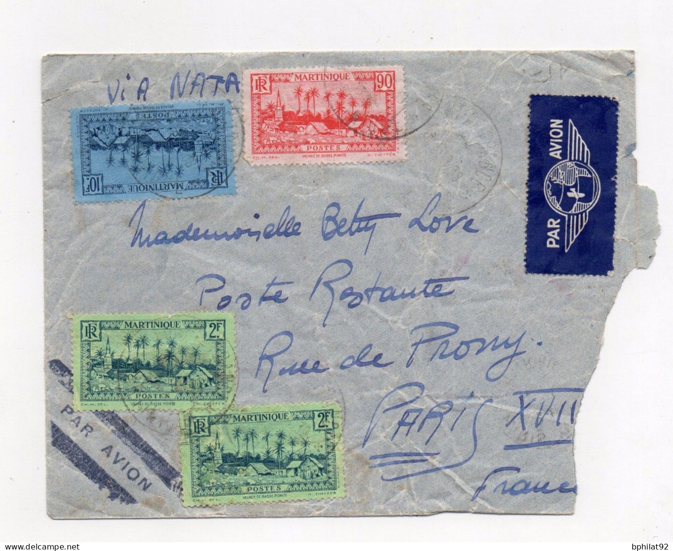 !!! LETTRE DE FORT DE FRANCE ( MARTINIQUE ) POUR PARIS DE 1939, GRIFFE AU DOS "AVION ACCIDENTE" - Crash Post