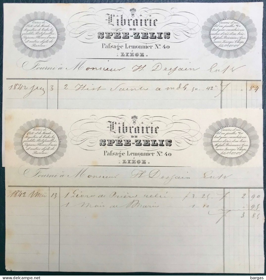 1842 Deux Document Librairie Spée Zelis éditeur à Liège - 1800 – 1899