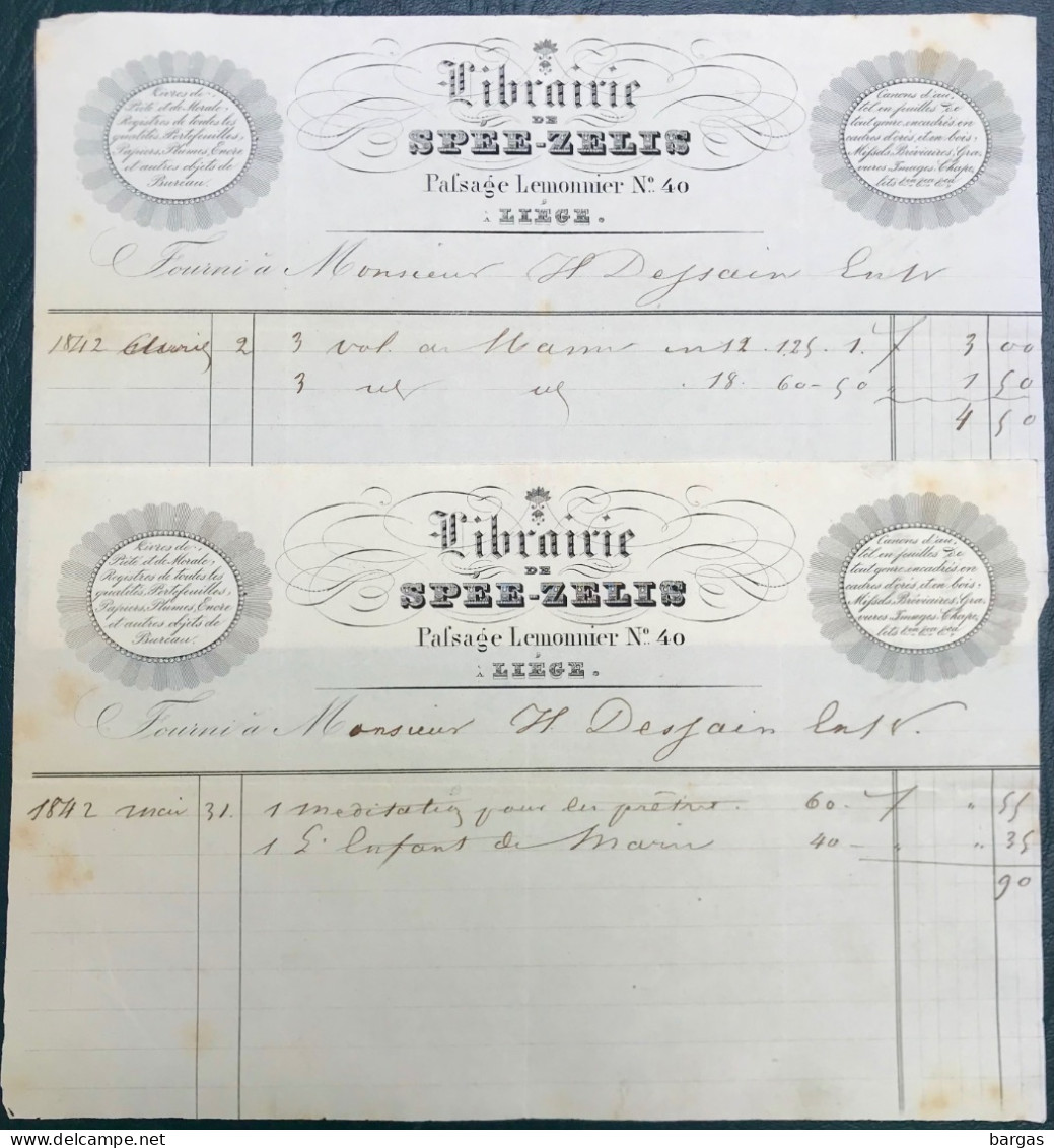 1842 Deux Document Librairie Spée Zelis éditeur à Liège - 1800 – 1899