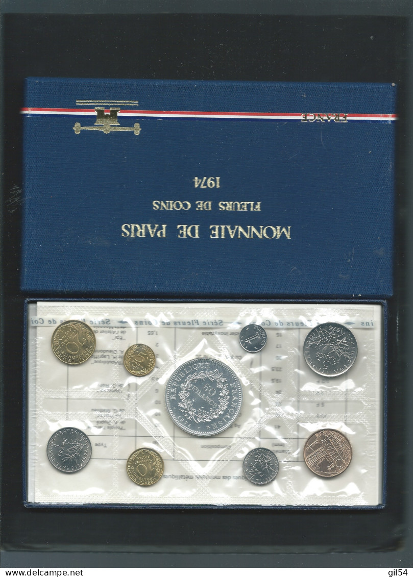 1974 COFFRET SERIE FLEURS DE COINS MONNAIE DE PARIS FDC AVEC 50 Francs HERCULE ARGENT BU Laupi 177 - BU, BE & Coffrets