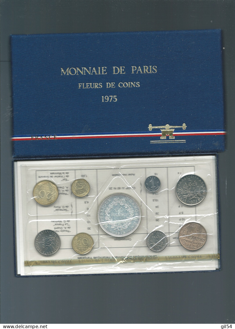 1975 COFFRET SERIE FLEURS DE COINS MONNAIE DE PARIS FDC AVEC 50 Francs HERCULE ARGENT BU Laupi 178 - BU, BE & Estuches