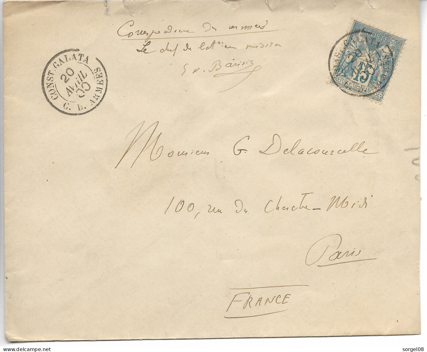 CONSTANTINOPLE Turquie CAD CONST GALATA Correspondance D'Armée Sur 15c Sage Signature Chef De Bataillon 1900 - 1837-1914 Smyrna