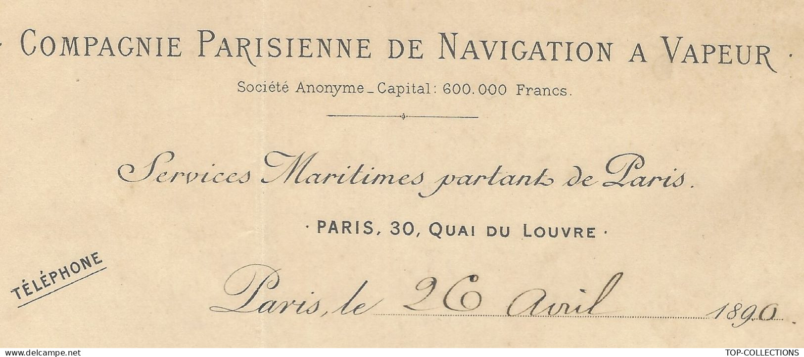 1890 NAVIGATION ENTETE Compagnie Parisienne De Navigation à Vapeur Services Maritimes Départ Paris  V.HISTORIQUE - 1800 – 1899