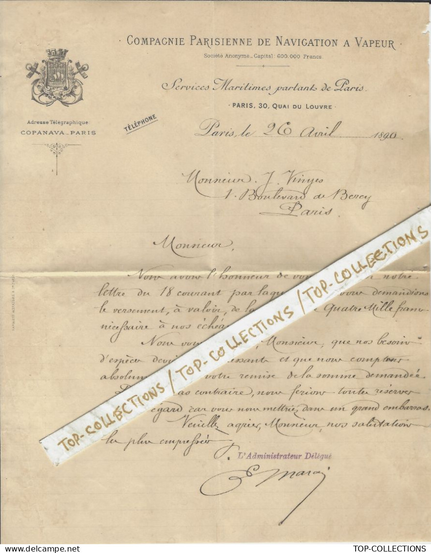 1890 NAVIGATION ENTETE Compagnie Parisienne De Navigation à Vapeur Services Maritimes Départ Paris  V.HISTORIQUE - 1800 – 1899