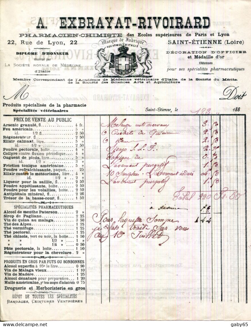 FACTURE.42.SAINT ETIENNE.A.EXBRAYAT-RIVOIRARD PHARMACIEN-CHIMISTE 22 RUE DE LYON. - Profumeria & Drogheria