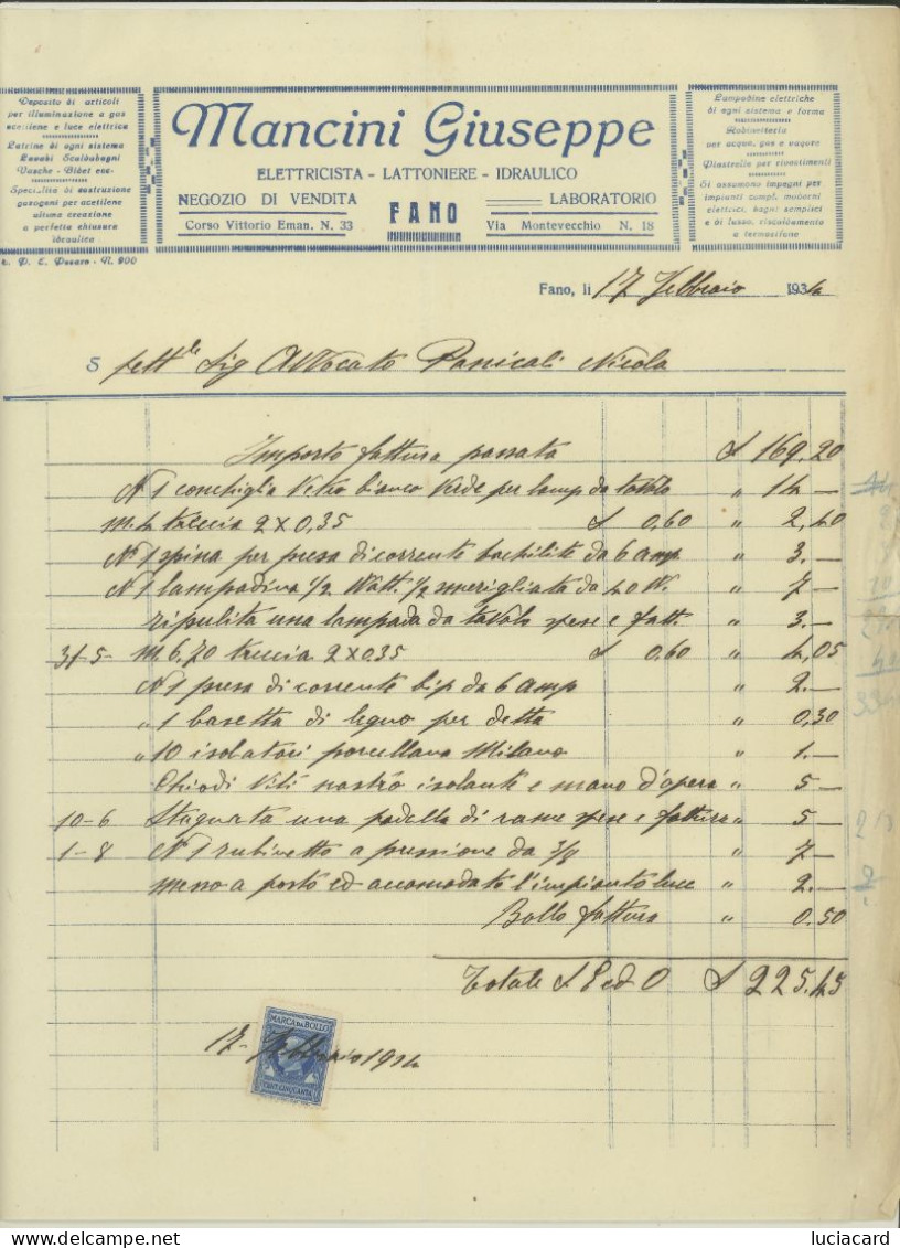 FANO -ANCONA -ELETTRICISTA -LATTONIERE-IDRAULICO-FATTURA DEL 1934 - Invoices