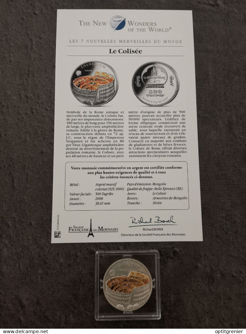 500 TOGROG TUGRIKS BE 2008 ARGENT 925 LE COLISEE COLOSSEUM 2500 EX. MONGOLIE / SILVER MONGOLIA - Mongolia