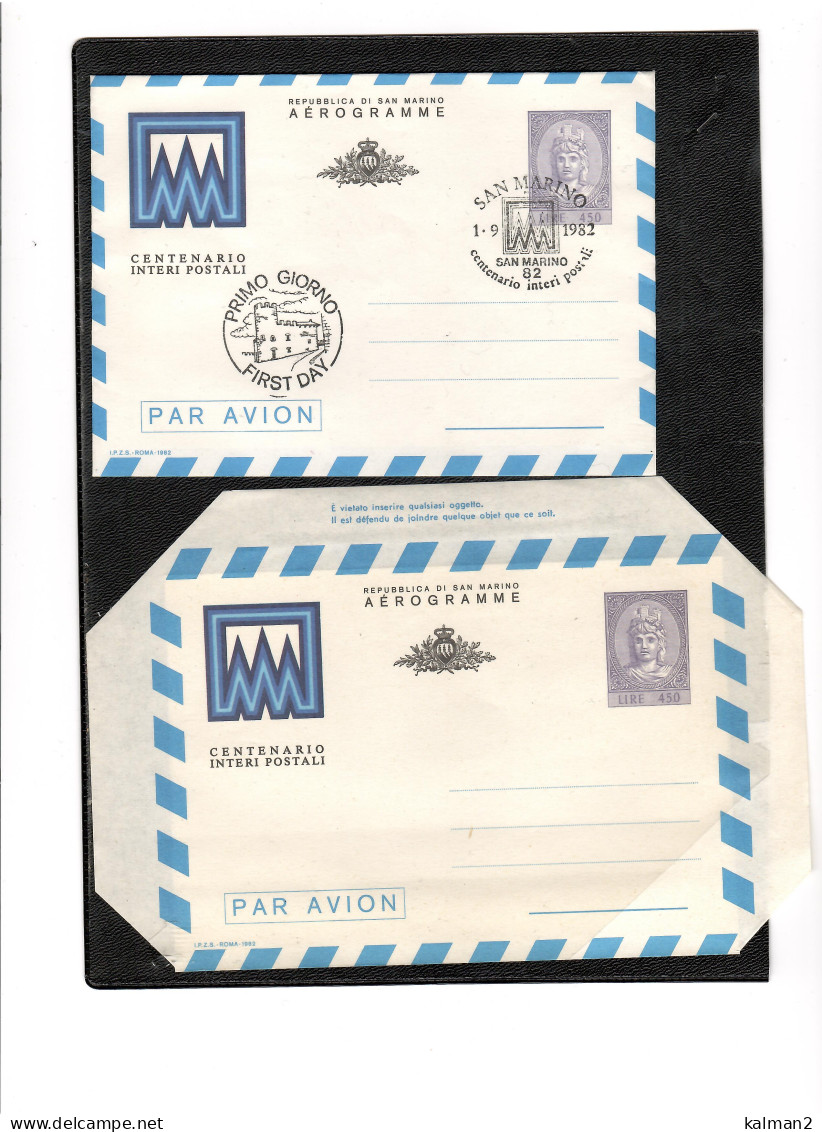 TEM19576    SAN MARINO 1.9.,1982 / AEROGRAMMA "CENTENARIO INTERI POSTALI " CAT.FILAGRANO A.12 -  FDC + NUOVOR3 - Entiers Postaux