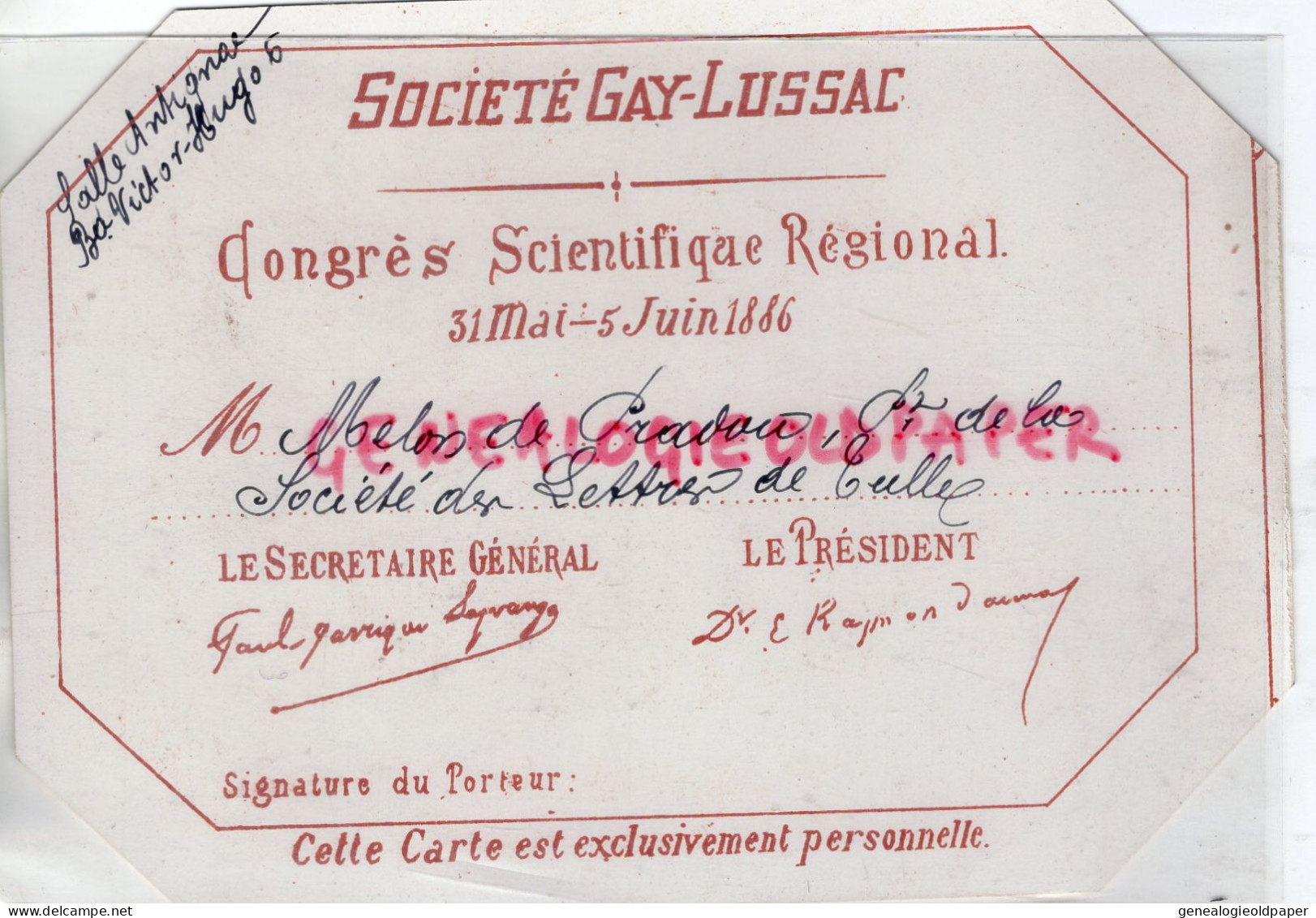 87- LIMOGES-RARE DOSSIER CARTON CONGRES SCIENTIFIQUE GAY LUSSAC MAI-JUIN 1886- MELON DE PRADOU SOCIETE LETTRES DE TULLE - Historische Dokumente