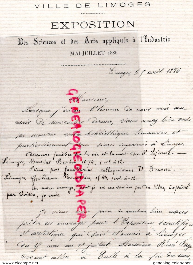 87- LIMOGES-RARE DOSSIER CARTON CONGRES SCIENTIFIQUE GAY LUSSAC MAI-JUIN 1886- MELON DE PRADOU SOCIETE LETTRES DE TULLE - Documenti Storici