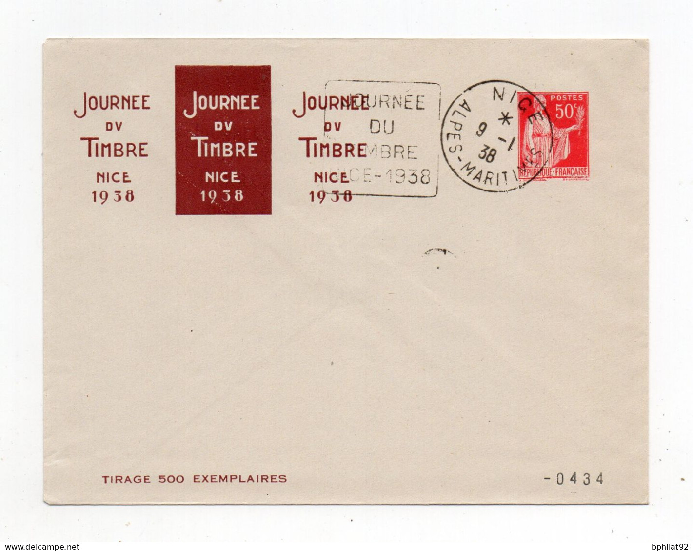 !!! ENTIER POSTAL 50C PAIX AVEC REPIQUAGE JOURNEE DU TIMBRE DE NICE DE 1938 - Enveloppes Repiquages (avant 1995)