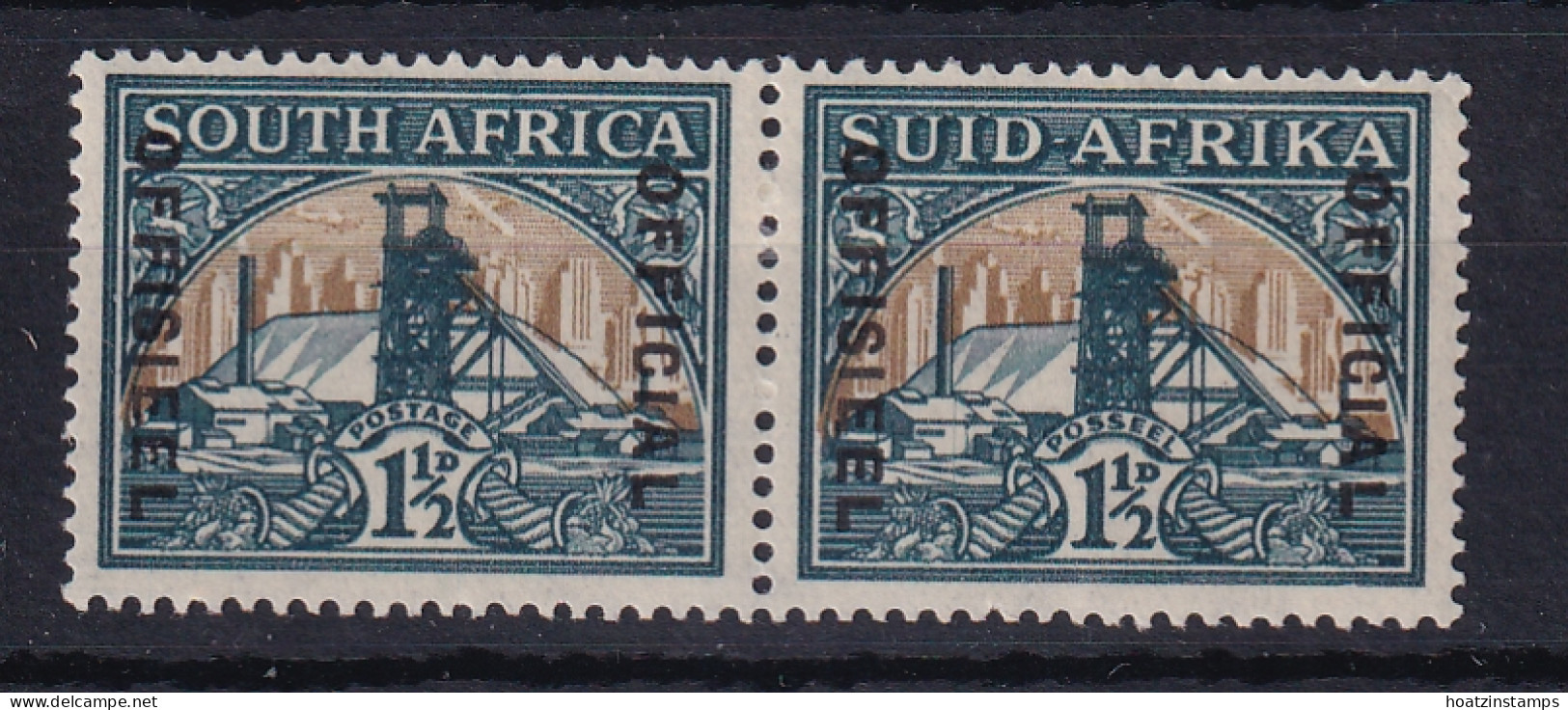 South Africa: 1935/49   Official - Goldmine   SG O22aw    1½d   Green & Bright Gold  [Wmk Upright]  MH Pair - Oficiales
