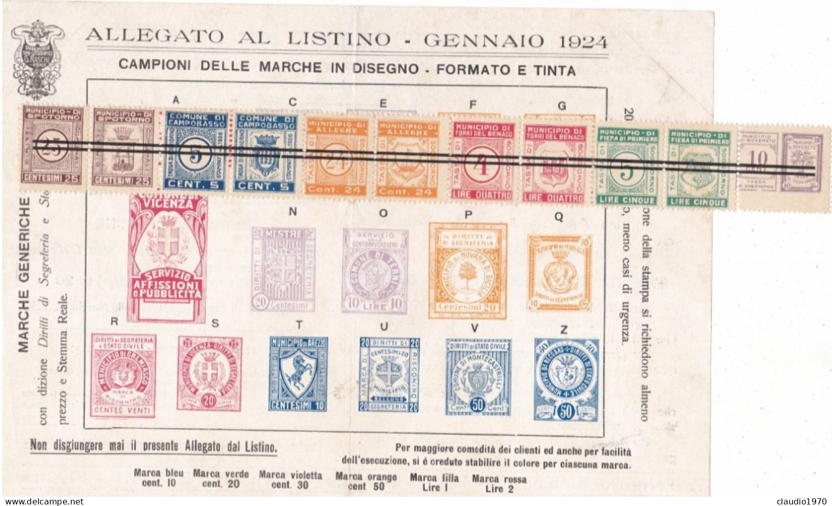 ITALIA - REGNO - ALLEGATO AL LISTINO - GENNAIO 1924 - CAMPIONI DELLE MARCHE IN DISEGNO - FORMATO E TINTA - Fiscaux