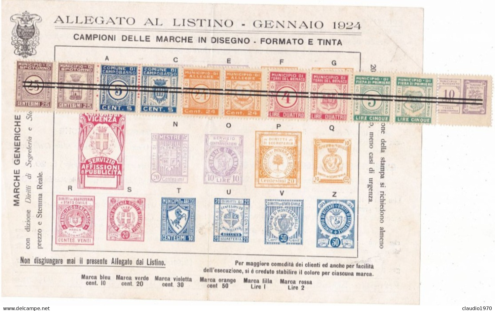 ITALIA - REGNO - ALLEGATO AL LISTINO - GENNAIO 1924 - CAMPIONI DELLE MARCHE IN DISEGNO - FORMATO E TINTA - Fiscaux