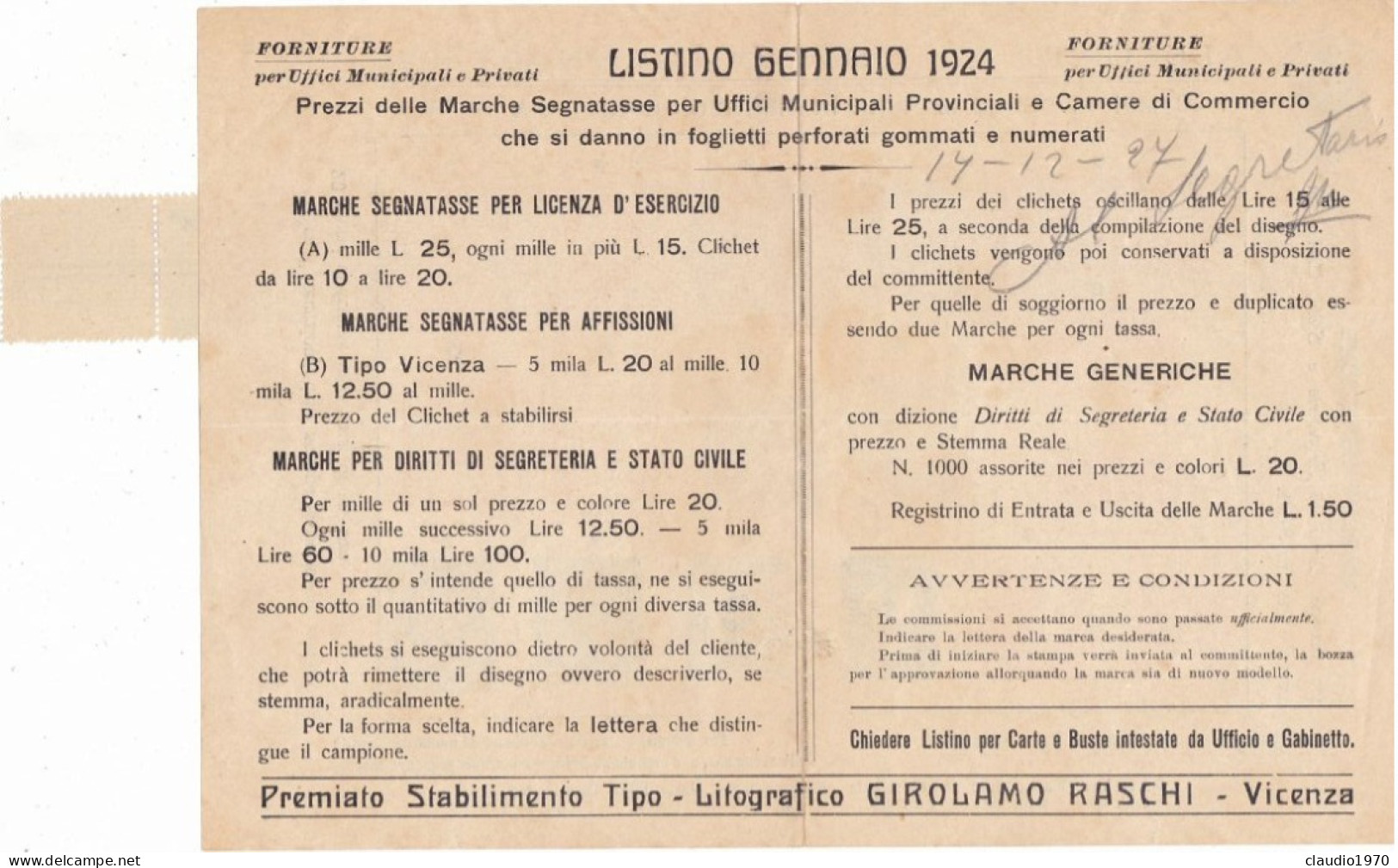 ITALIA - REGNO - ALLEGATO AL LISTINO - GENNAIO 1924 - CAMPIONI DELLE MARCHE IN DISEGNO - FORMATO E TINTA - Revenue Stamps