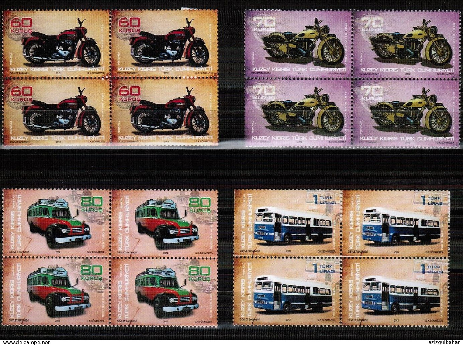 2012 - OLD BUSES AND MOTORCYCLES - TURKISH CYPRIOT STAMPS - BLOCK OF 4- UMM - Busses