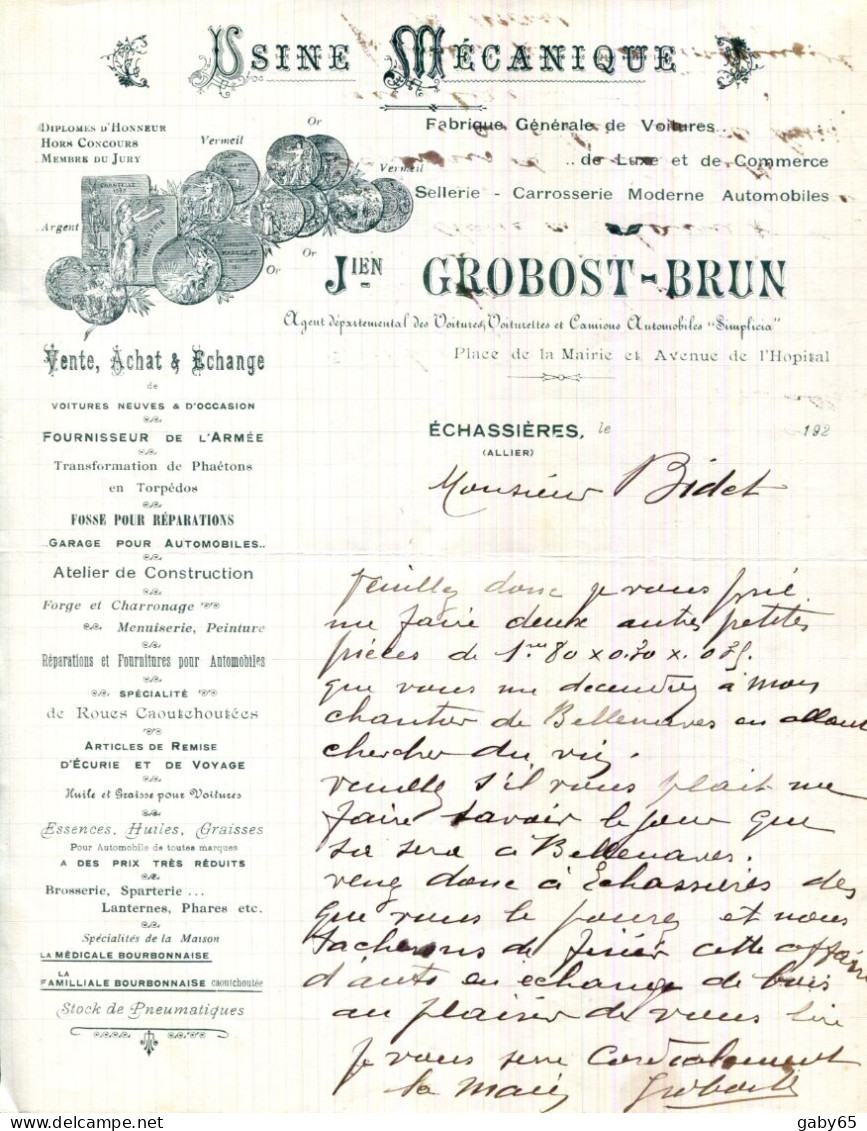 FACTURE.03.ALLIER.ECHASSIERES.FABRIQUE DE VOITURES DE LUXE.GARAGE.J.GROBOST-BRUN PLACE DE LA MAIRIE . - Automobile