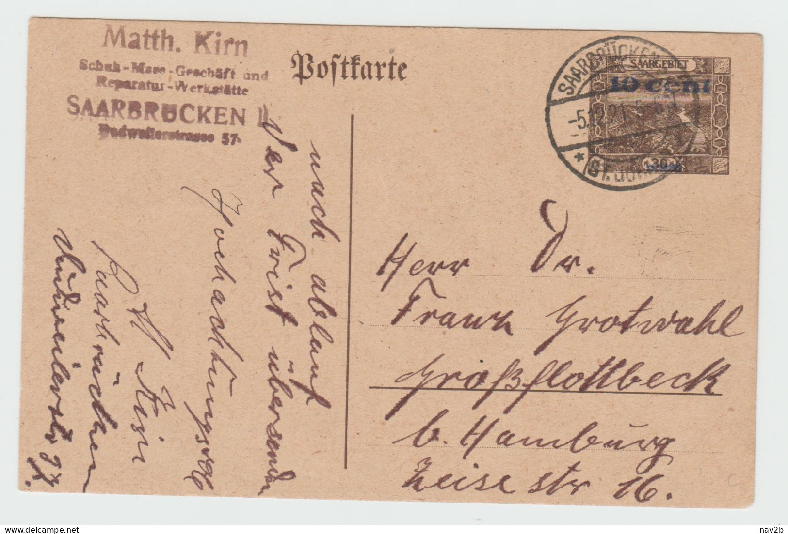 Entier Carte Postale 30 Pf Surchargée 10 Cts Noir . Oblitérée 1921 - Postal Stationery