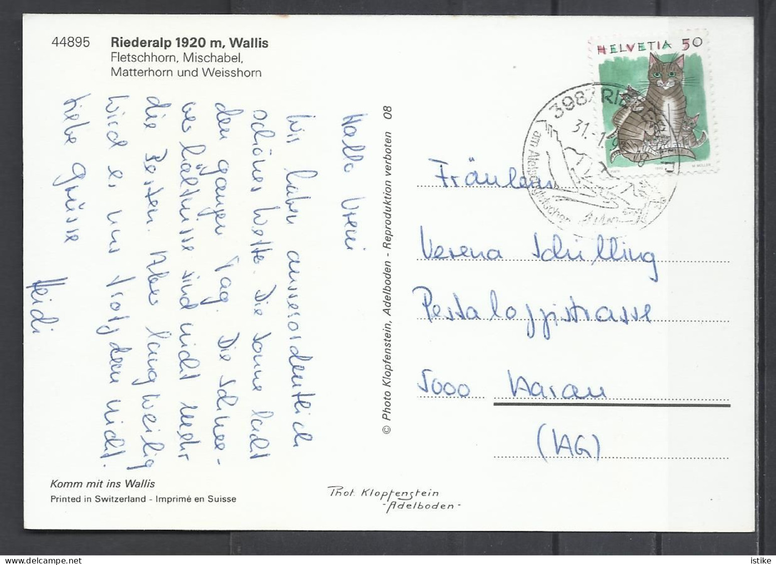 Switzerland, VS, Riederalp(1920m)m, Fletshorn,Mischabel(Skilift),Matterhorn & Weisshorn, Sp.Hand Cancellation, 1992. - Riederalp