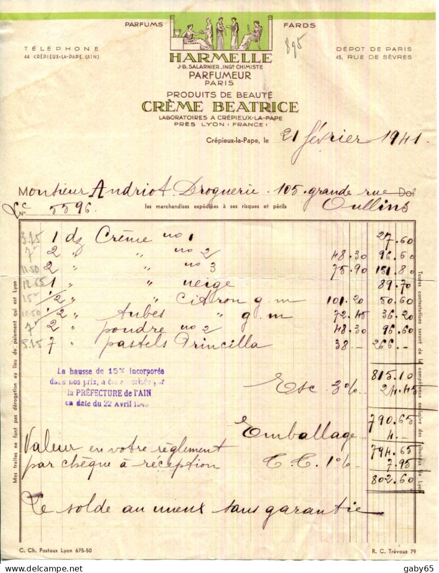 FACTURE.69.CREPIEUX LA PAPE.PRODUITS DE BEAUTE CREME BEATRICE.HARMELLE. J.B.SALANIER INGENIEUR CHIMISTE. - Chemist's (drugstore) & Perfumery