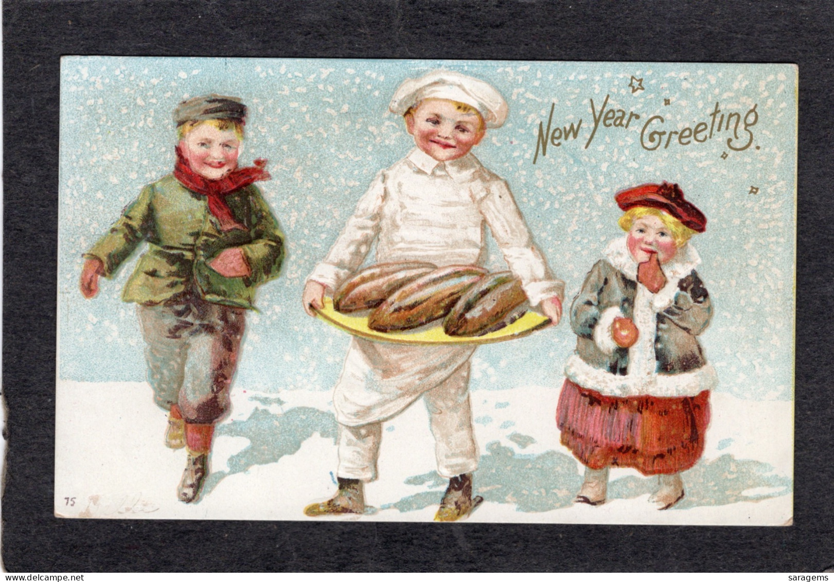 Ellen Clapsaddle(uns) - New Years, 3 Children 1908 - Antique Postcard - Clapsaddle