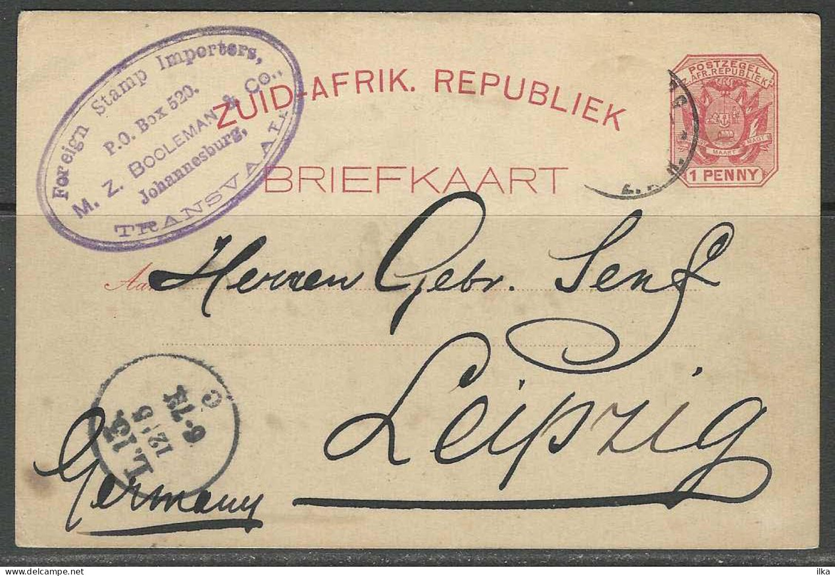 South Africa. Post Card - Coat Of Arms 1 Penny - Stamp Importers Johannesburg Afg./Obl. 21/04/1995 >> Leipzig. Germany. - Other & Unclassified