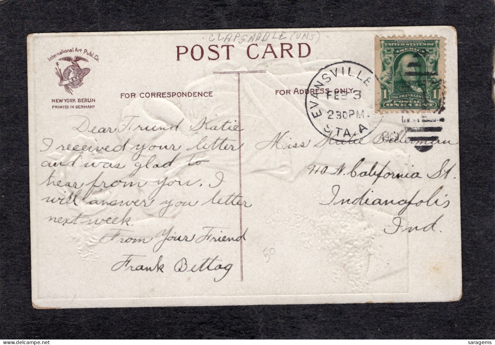 Ellen Clapsaddle(uns) - St Patrick's, "Top Of The Morning"Pretty Lady 1909 - Antique Postcard - Clapsaddle