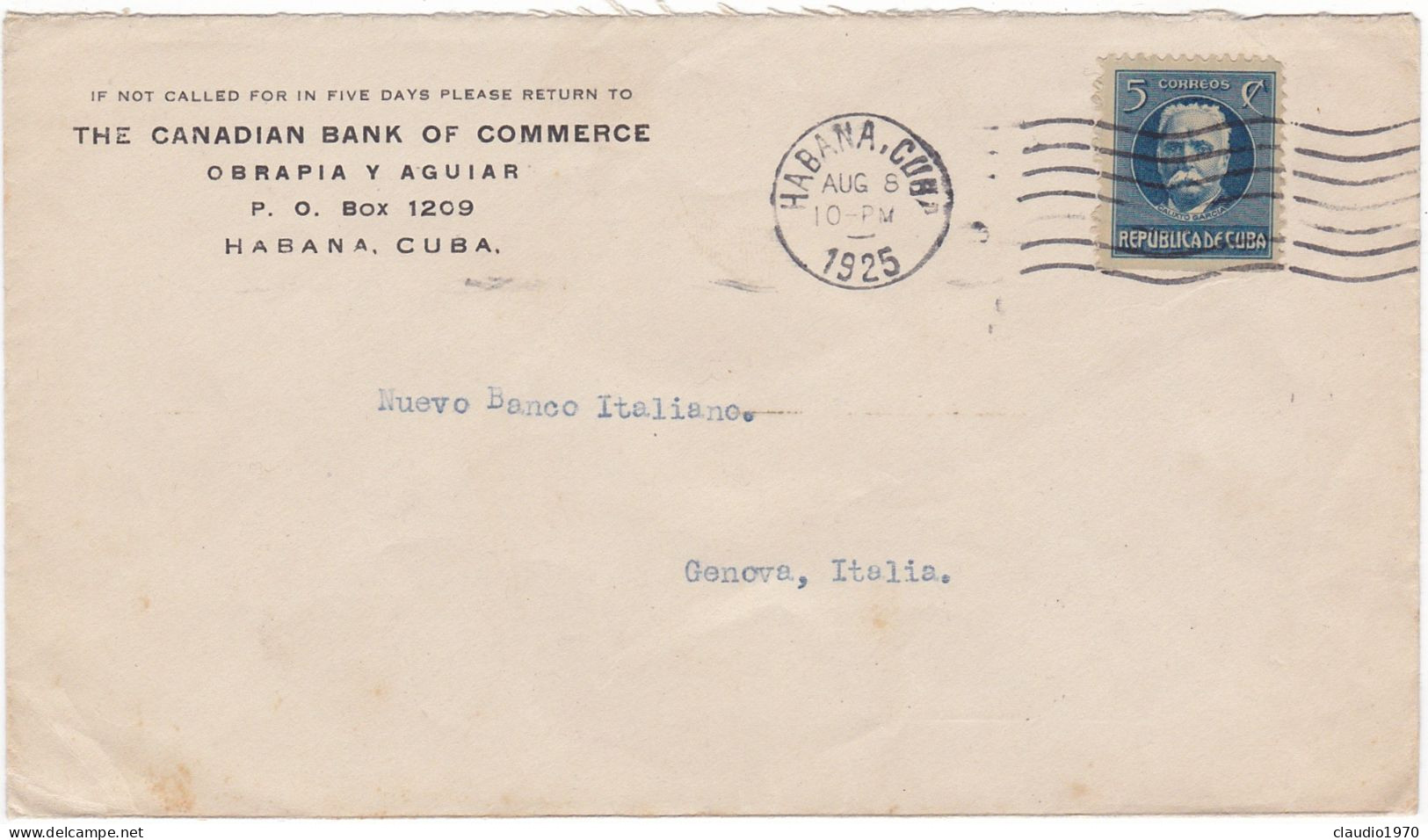 CUBA - HABANA - THE CANADIAN BANK OF COMMERCE - BUSTA  VIAGGIATA PER - GENOVA - ITALIA - 1925 - Brieven En Documenten