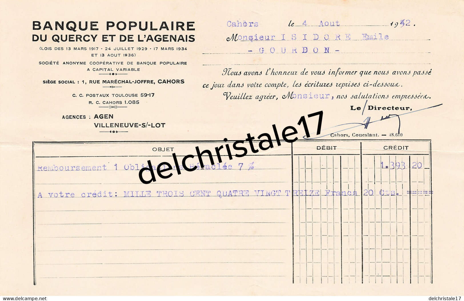 46 0016 CAHORS LOT 1932 Entête Banque Populaire Du Quercy & De L'Agenais Rue Maréchal Joffre à ISIDORE - Banco & Caja De Ahorros