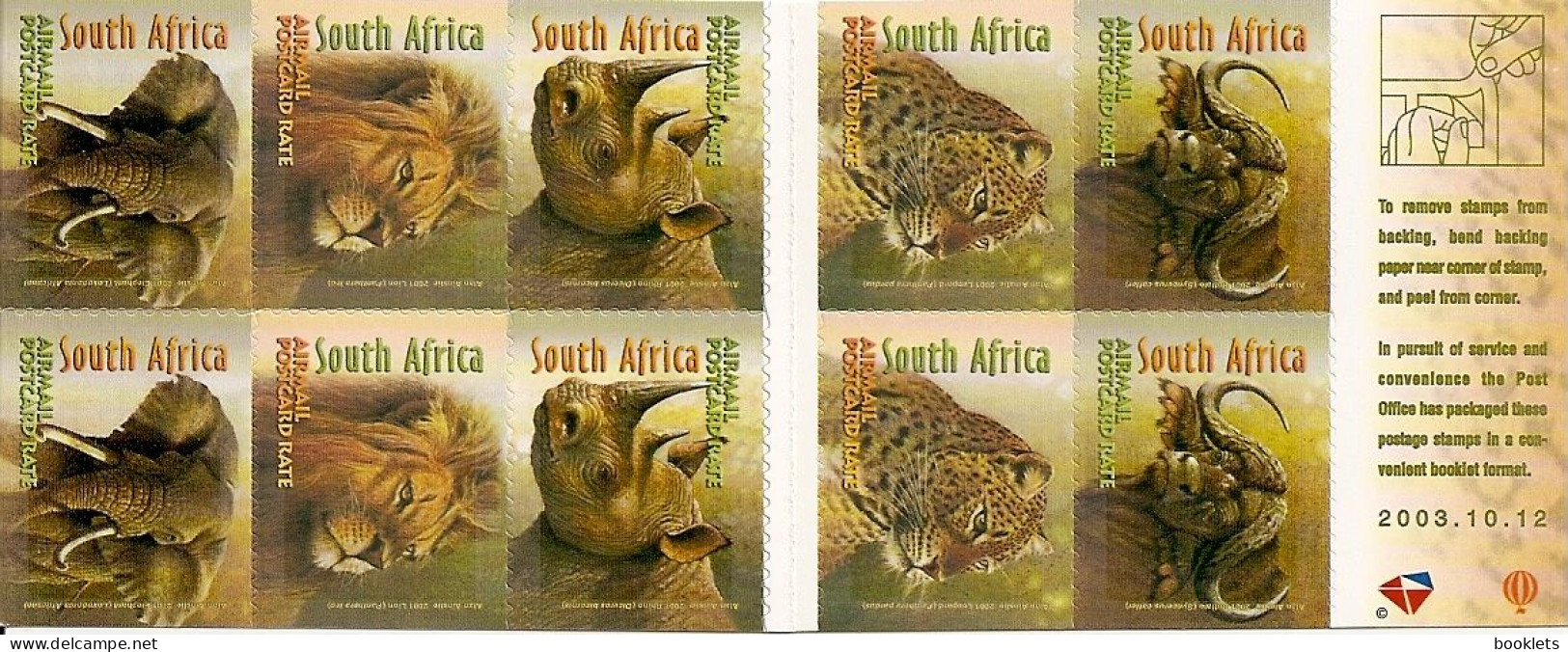 SOUTH AFRICA, 2003, Booklet 61a,  Big Five, Self-adhesive, Reprint 2003-10-12 - Booklets