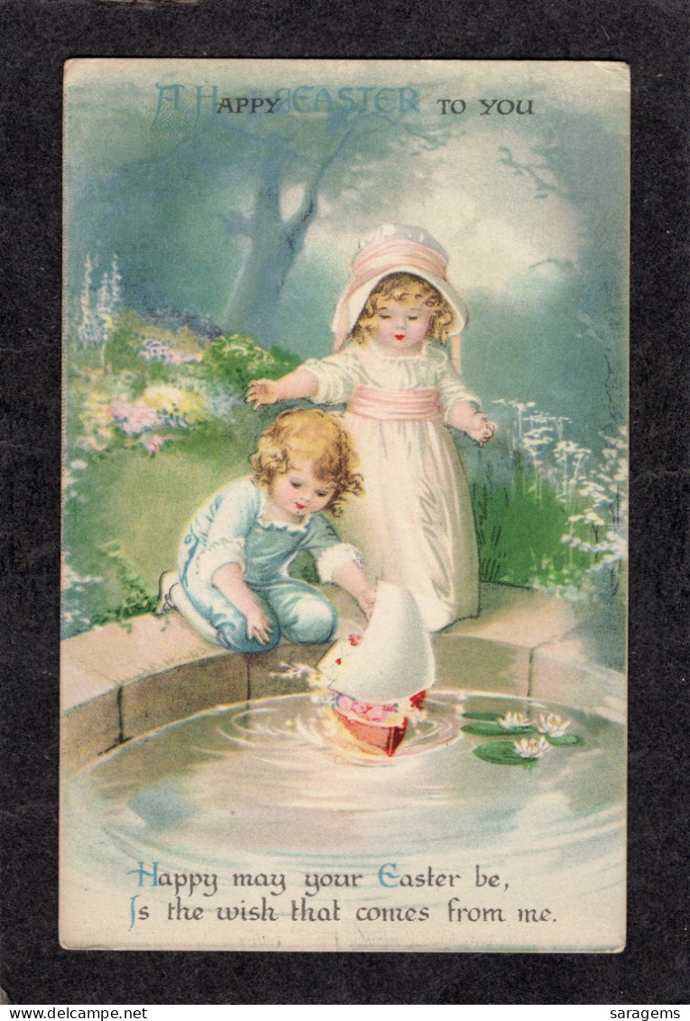 Ellen Clapsaddle(uns),Wolf - Easter, 2 Children At Wading Pool   - Antique Postcard - Clapsaddle