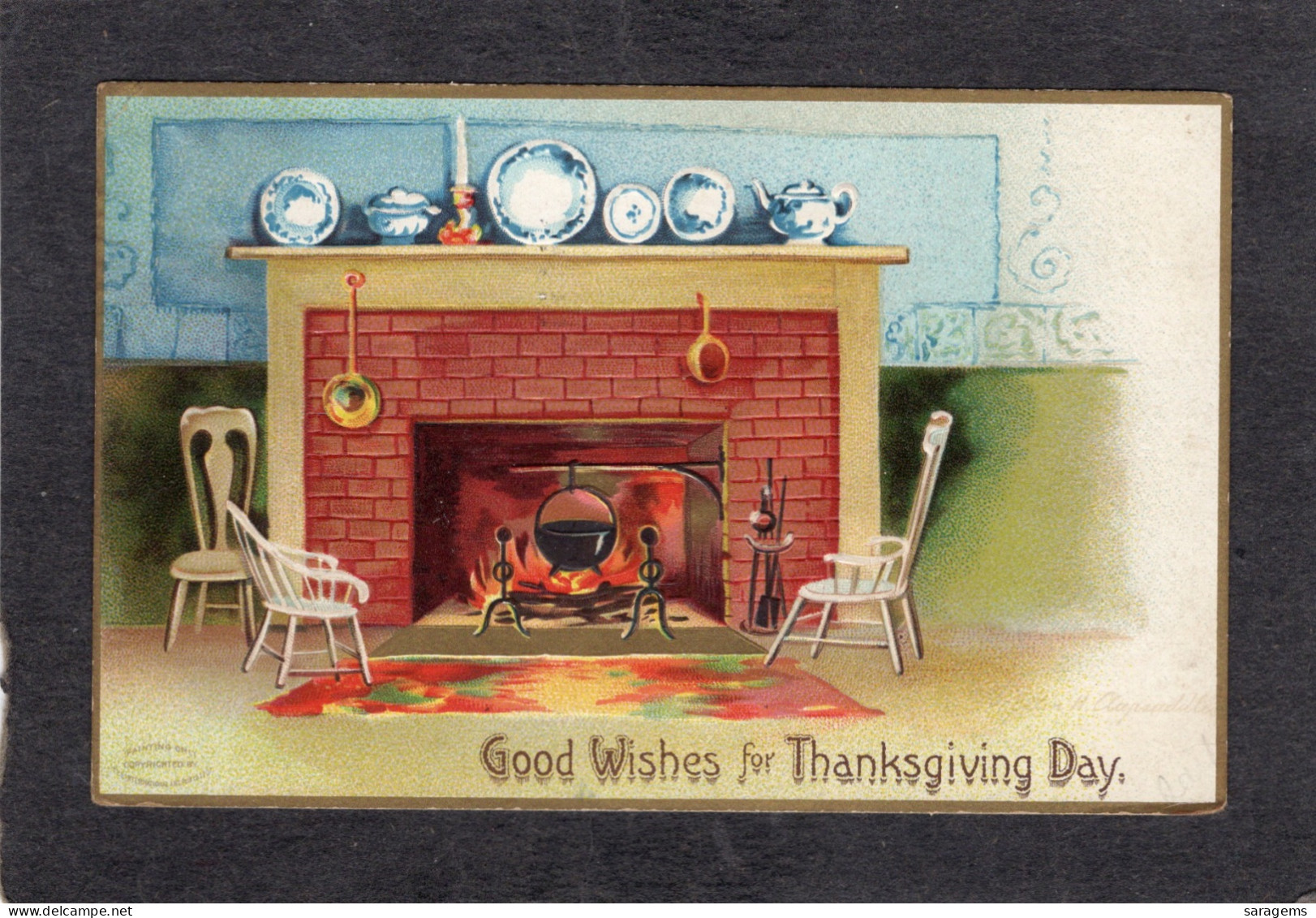 Ellen Clapsaddle(signed) - Thanksgiving, Fireplace Scene 1907   - Antique Postcard - Clapsaddle