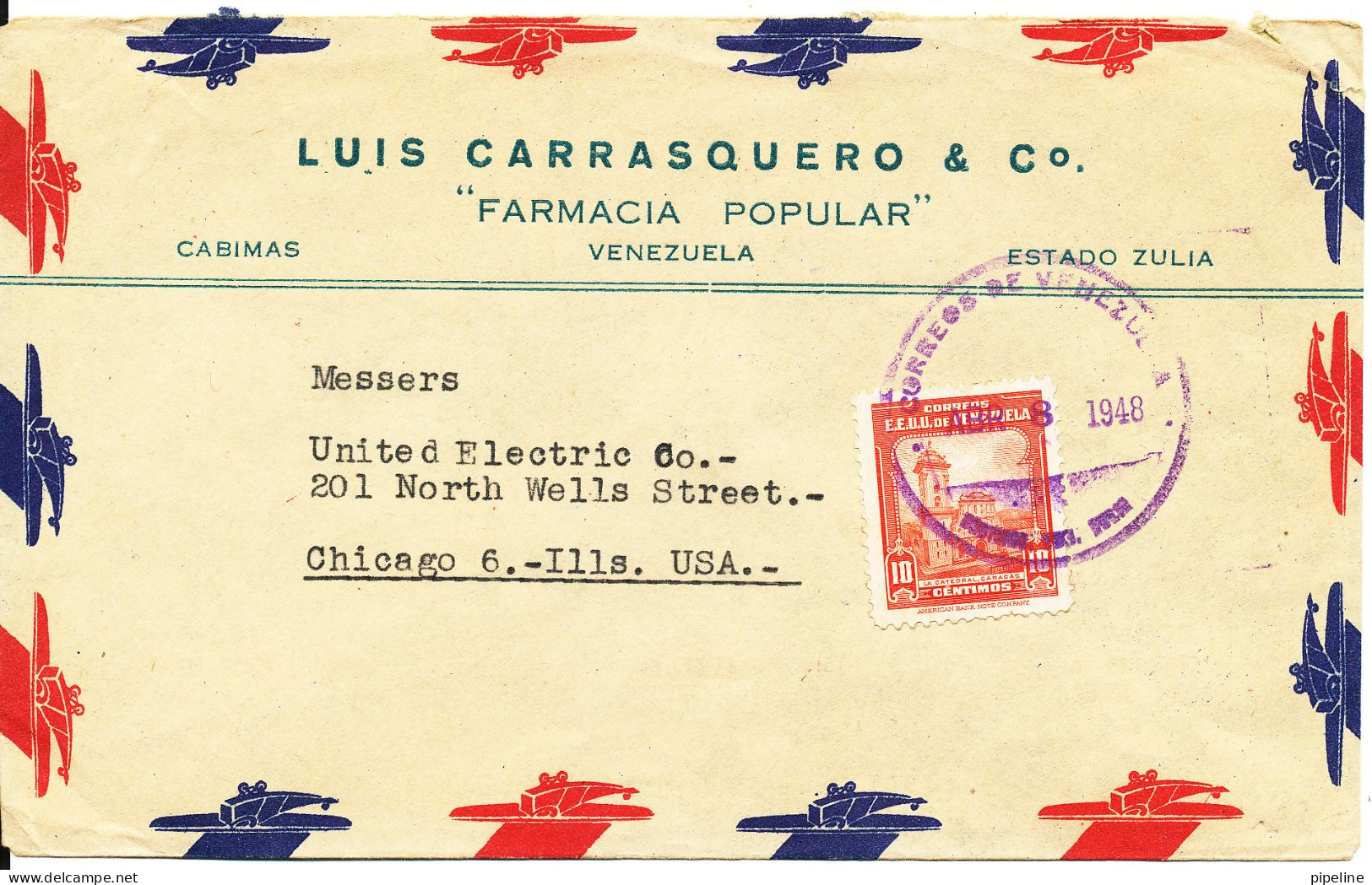 Venezuela Air Mail Cover Sent To USA 8-4-1948 Single Franked - Venezuela