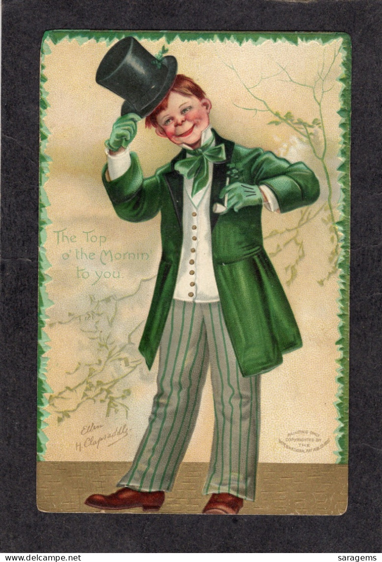 Ellen Clapsaddle(signed) - St. Patricks Day, Young Boy Tipping Top Hat 1908  - Antique Postcard - Clapsaddle