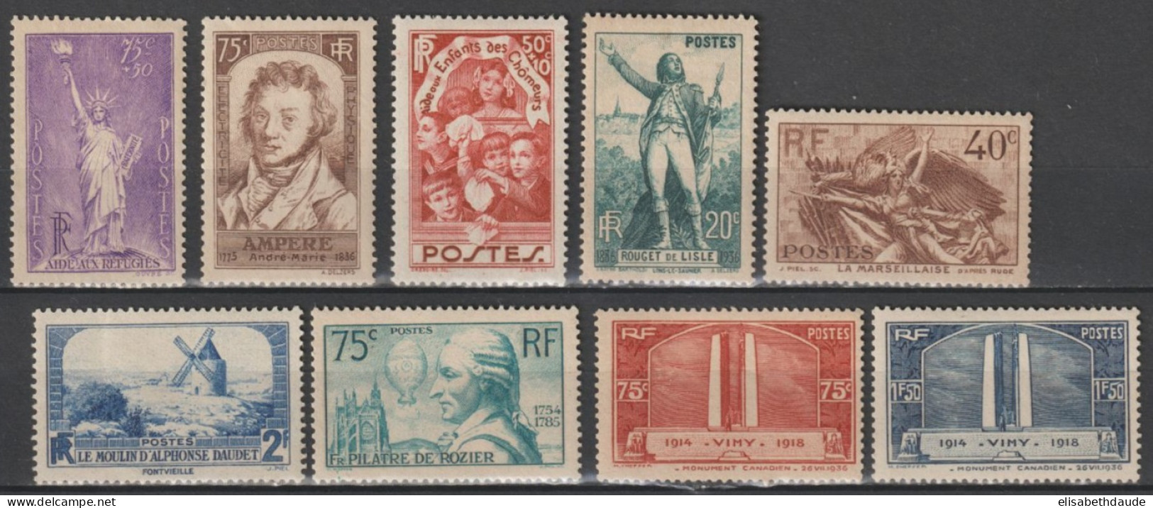 1936 - YVERT N°309/317 * MLH - COTE = 98 EUR. - CHARNIERE LEGERE - Nuevos