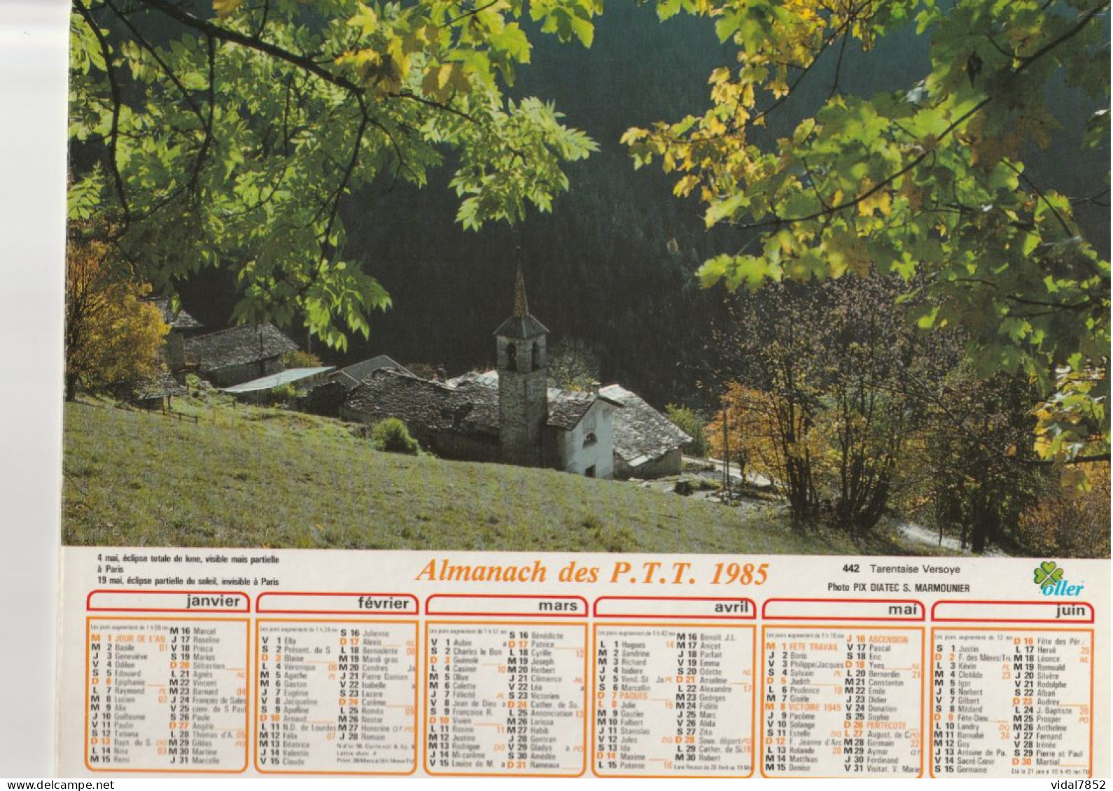 Calendrier-Almanach Des P.T.T 1985 Tarentaise-Pastorale-OLLER Département AIN-01-Référence 442 - Grossformat : 1981-90